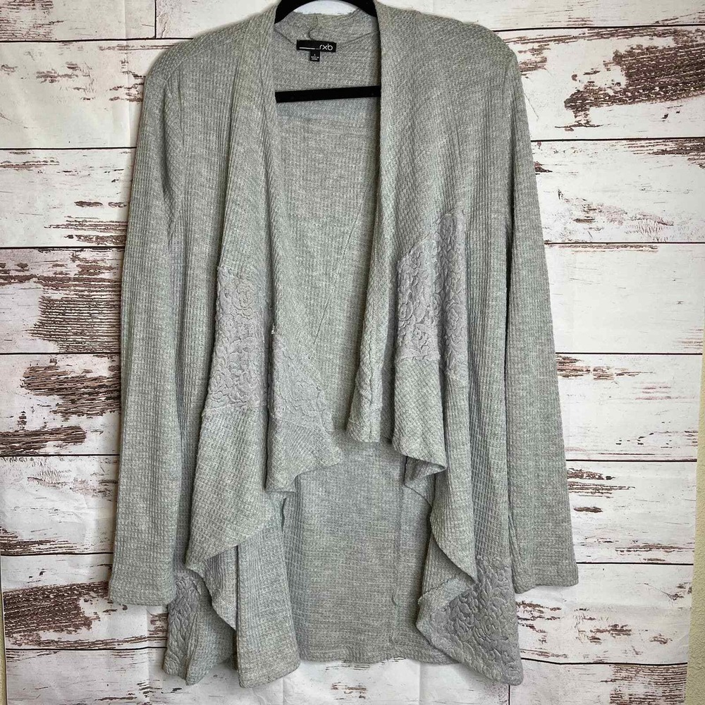 rxb Waffle Knit Cardigan Women Large Grey Excellent Lace Inset Open Front